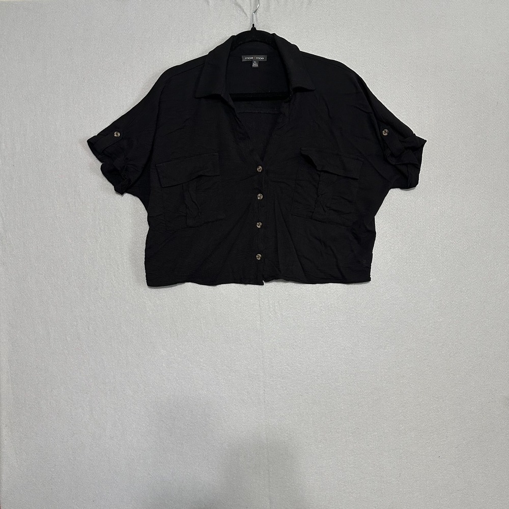 Moa Moa Womens XL Black Button Down Crop Top Short Sleeve Utility Shirt